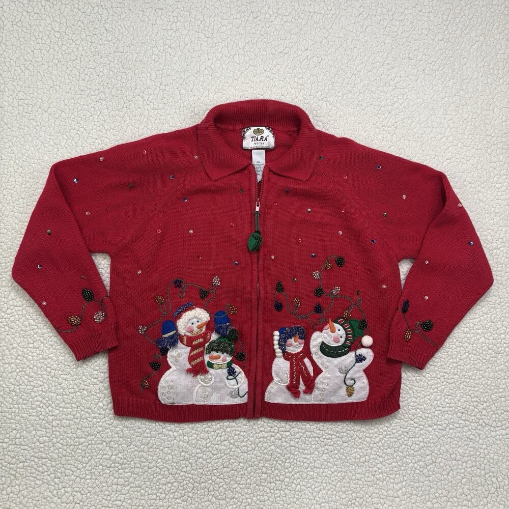 Vtg Tiara Christmas‎ Sweater Cardigan Snowman Size PXL Red Holiday Zip Ugly Bead